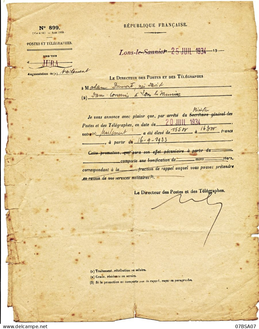 DOCUMENT POSTE JURA 1934 POSTES ET TELEGRAPHE LONS LE SAUNIER AUGMENTATION TRAITEMENT EMPLOYE DES POSTES MODELE N° 899 - Historical Documents