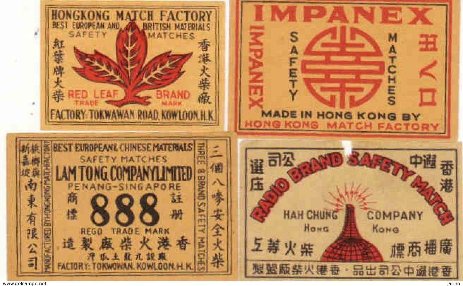 Hong Kong - 4 Matchbox Labels, Penang - Singapore, Red Leaf - Zündholzschachteletiketten