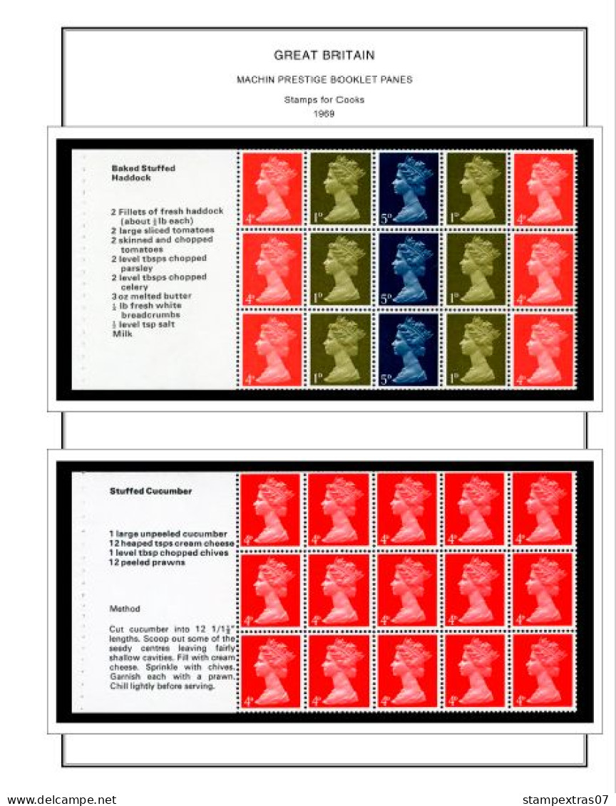 COLOR PRINTED GREAT BRITAIN MACHIN PRESTIGE PANES 1969-2023 STAMP ALBUM PAGES (121 Illustrated Pages) >> FEUILLES ALBUM - Pre-printed Pages