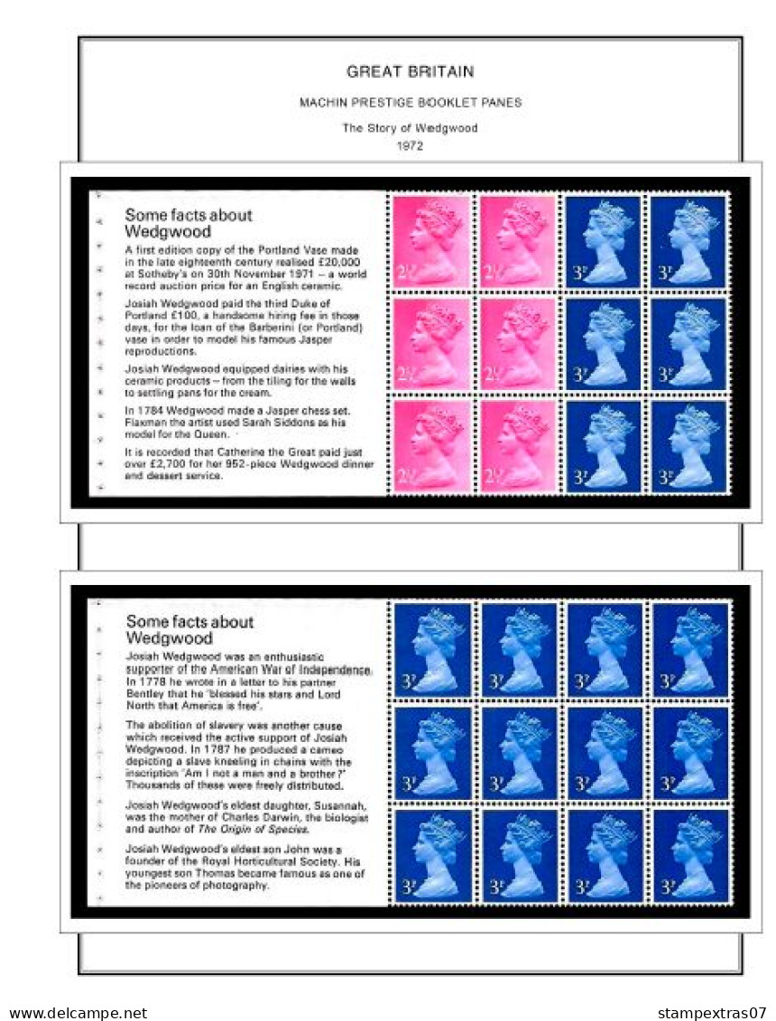 COLOR PRINTED GREAT BRITAIN MACHIN PRESTIGE PANES 1969-2023 STAMP ALBUM PAGES (121 Illustrated Pages) >> FEUILLES ALBUM - Pre-printed Pages
