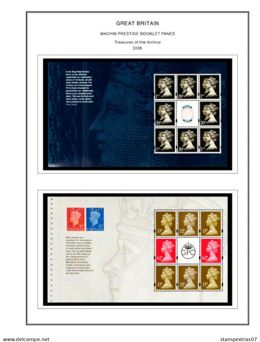 COLOR PRINTED GREAT BRITAIN MACHIN PRESTIGE PANES 1969-2023 STAMP ALBUM PAGES (121 illustrated pages) >> FEUILLES ALBUM