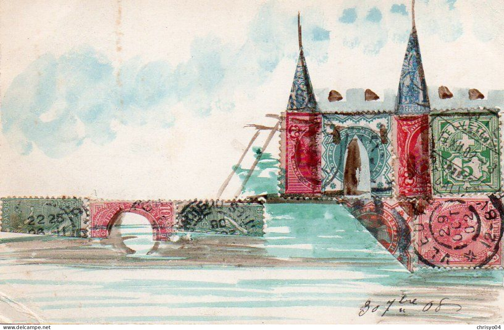 4V4Sb   Cpa Dessinée Peinte Main Avec Collage Timbres France Suisse Chateau Fort 1908 - A Systèmes