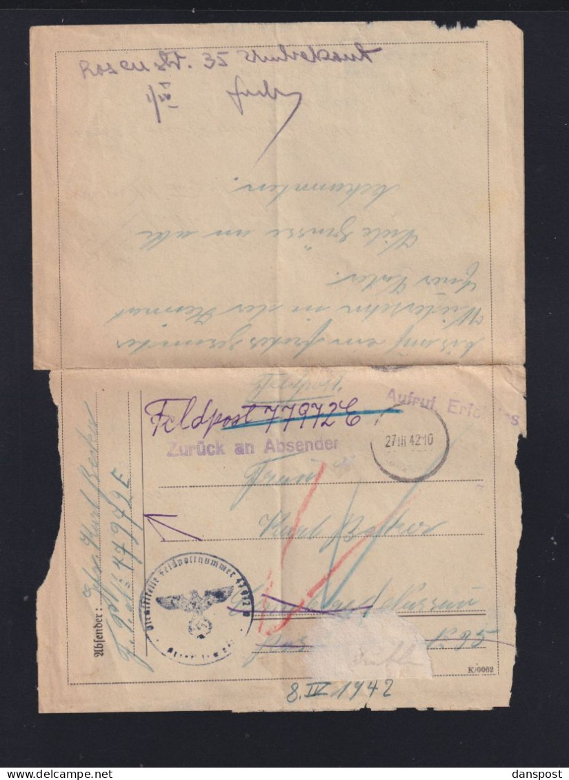 Dt. Reich Feldpost 1942 Zurück An Absender - Briefe U. Dokumente