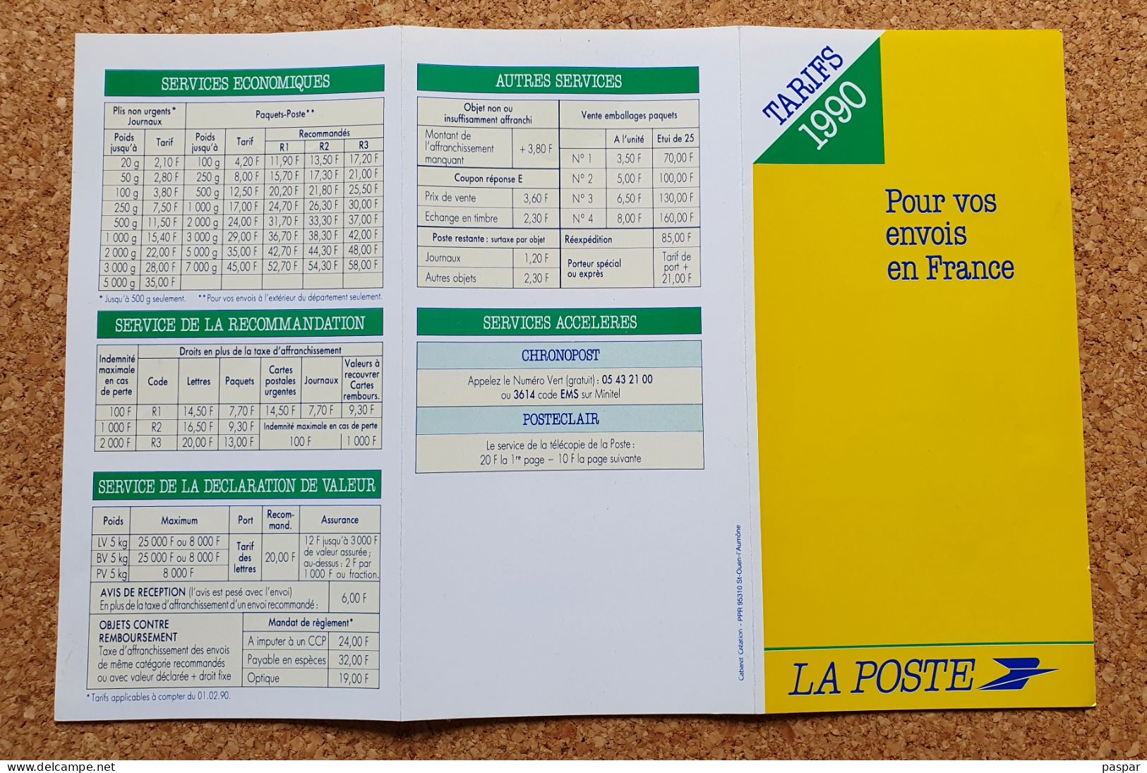 La Poste Tarifs 1990 Envois En France - Postdokumente