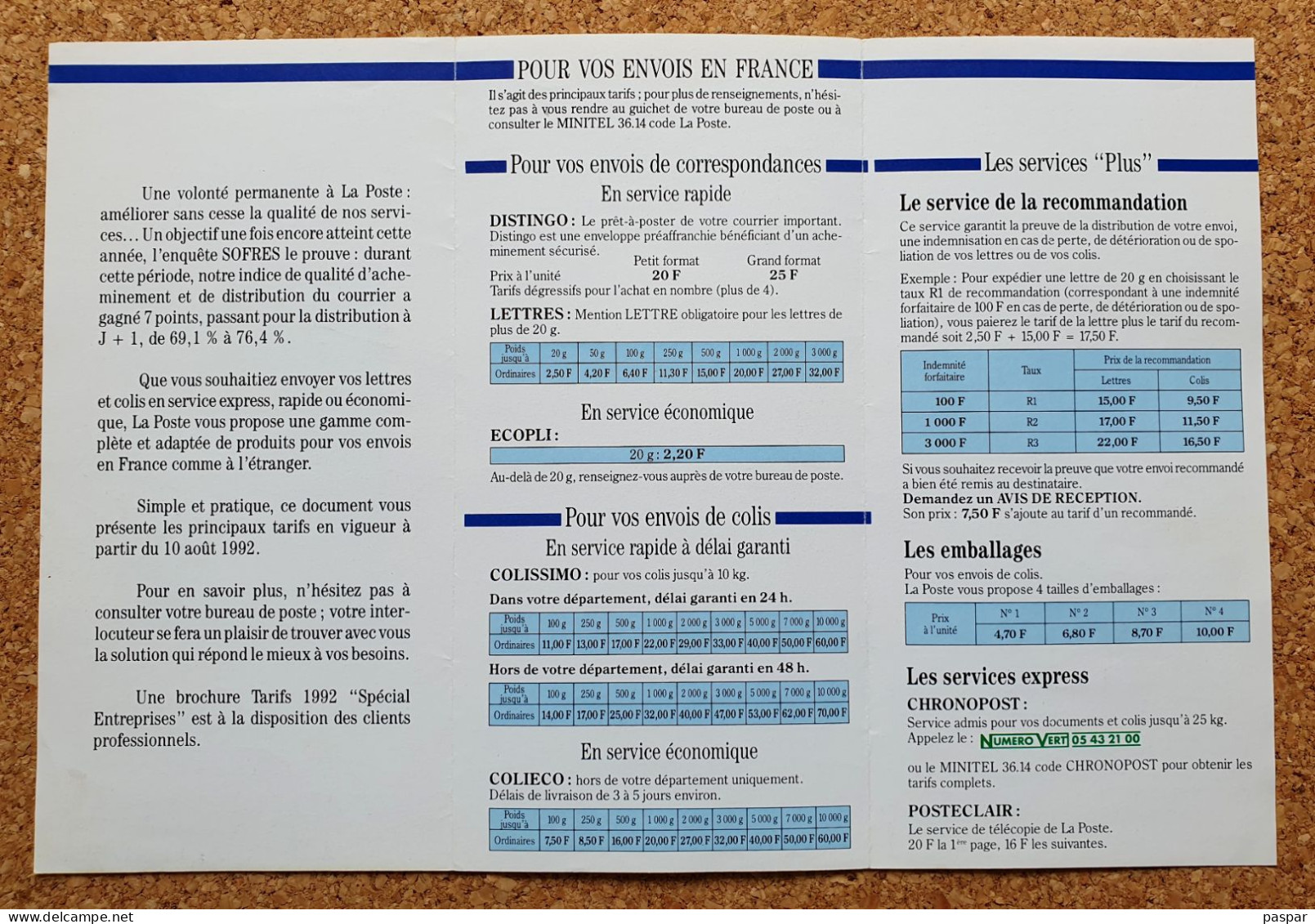 La Poste Tarifs 1992 France Et Etranger - Documents De La Poste