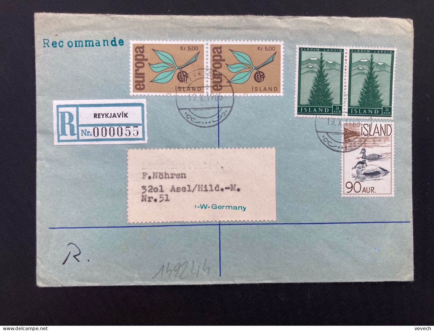 LR Pour La FRANCE TP EUROPA Kr 5,00 Paire + SAPIN 35A Paire + CANARDS 90A OBL.19 X 1965 REYKJAVIK - Brieven En Documenten