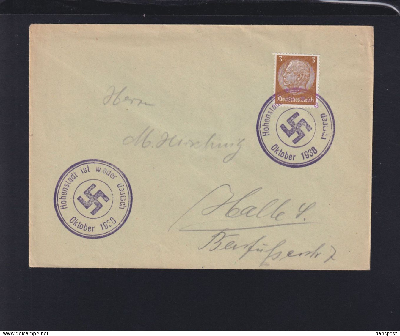 Dt. Reich Sudeten Briefkuvert 1938 Hohenstadt - Brieven En Documenten