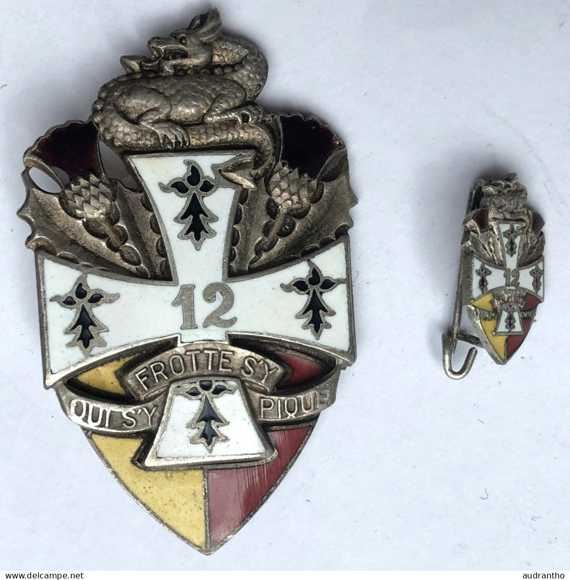 2 Insigne Militaire - 12ème Régiment De Dragons - Qui S'y Frotte S'y Pique - Arts Et Insignes - Armée De Terre