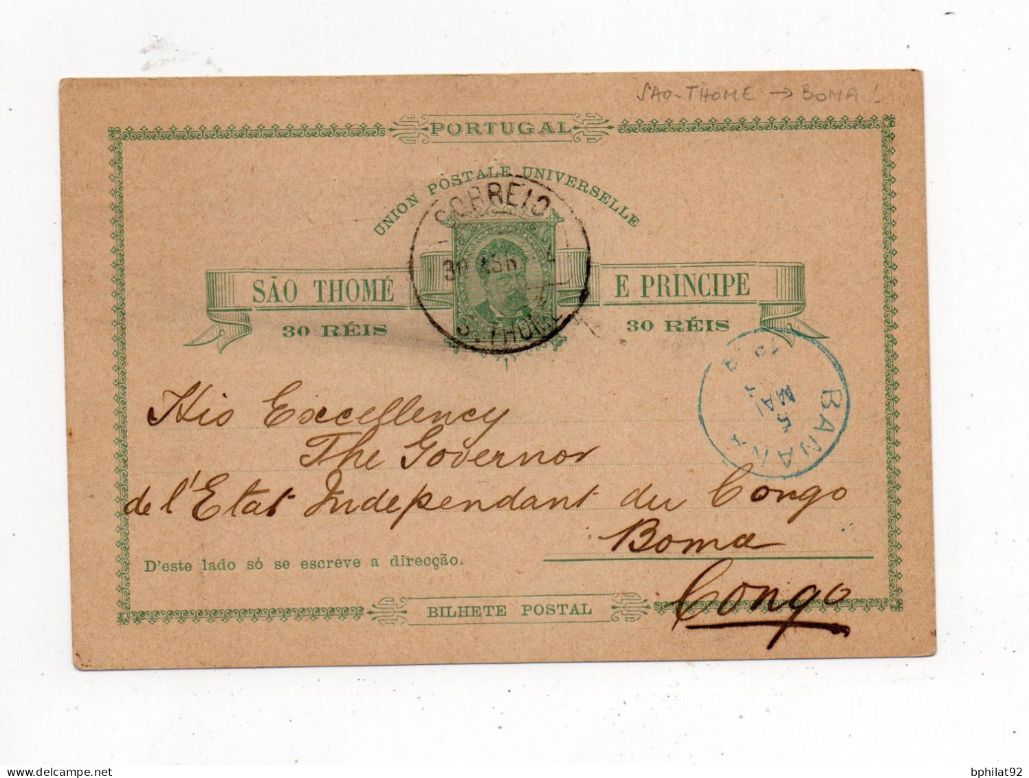 !!! ENTIER POSTAL DE SAO THOME ET PRINCIPE POUR BOMA (CONGO BELGE) DE 1894 - Sao Tome Et Principe