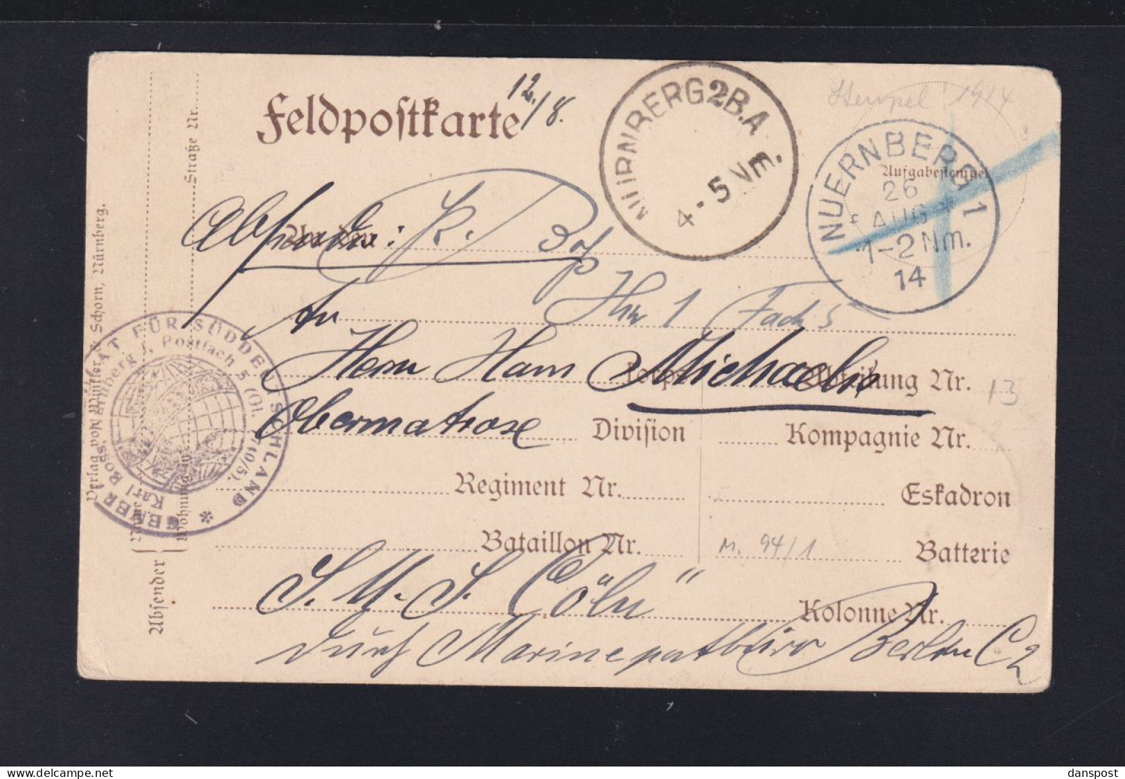 Bayern AK Nürnberg 1914 An SMS Köln - Lettres & Documents