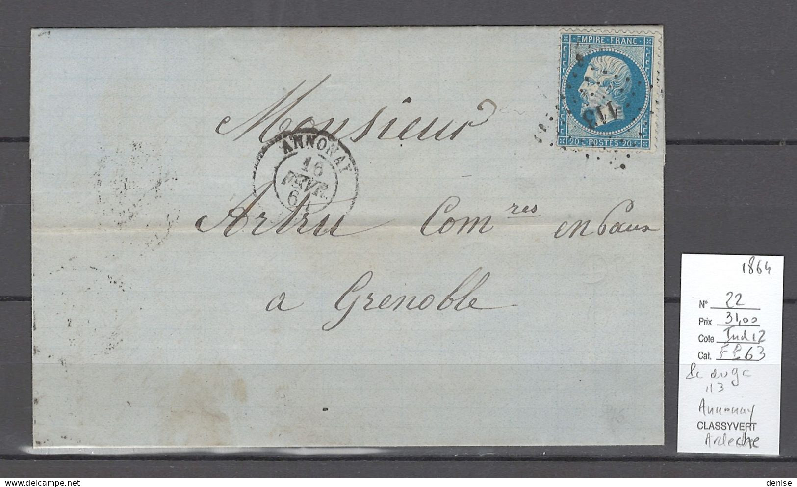 France - Lettre  Annonay - Ardéche - PC DU GC 113 - 1864 - 1849-1876: Période Classique