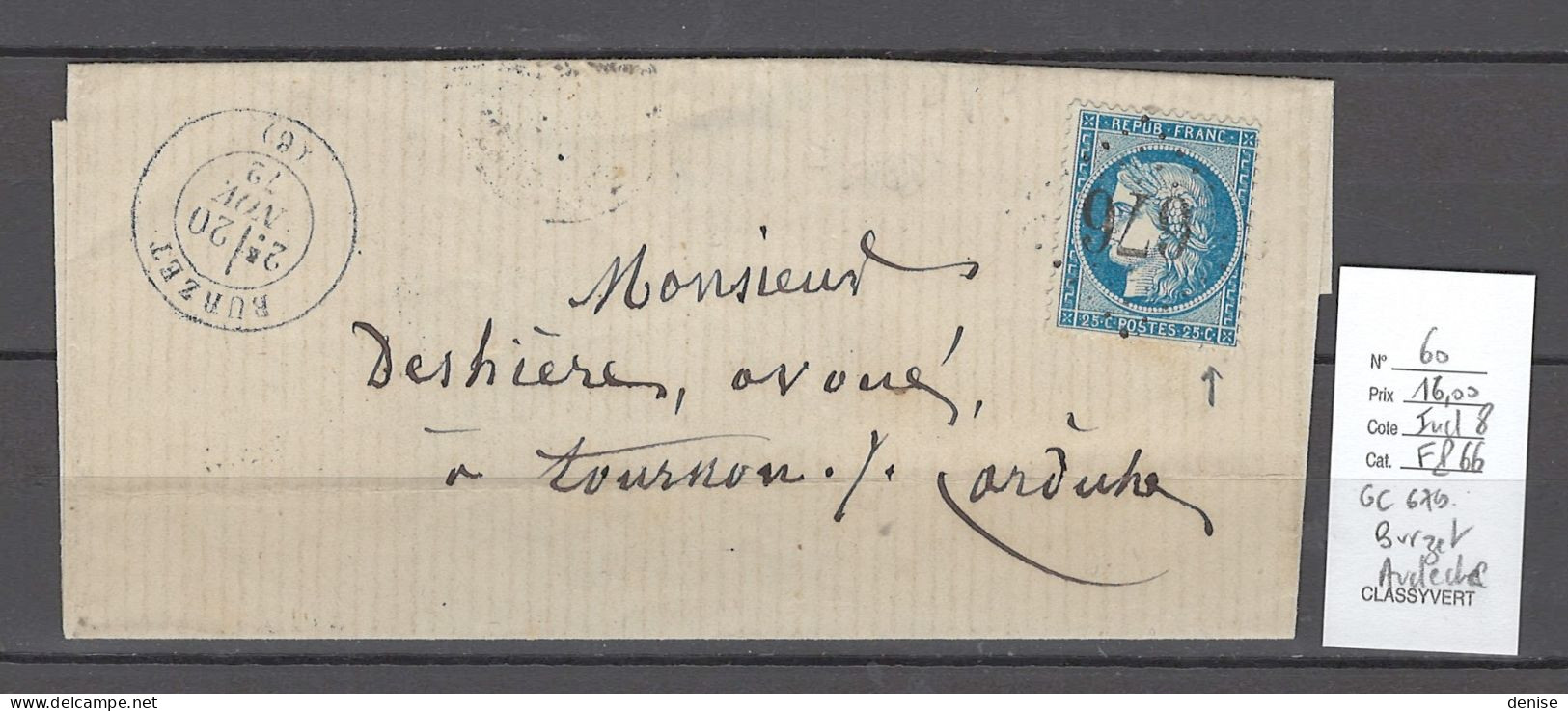 France - Lettre  GC679 - BURZET - Ardéche  - 1872 - 1849-1876: Période Classique