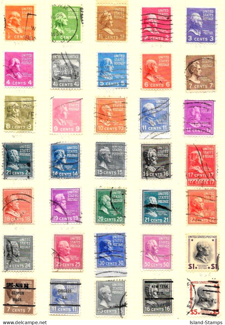 # 803-34 - 1938 U.S. Presidential Series Collection, Set Of 32 Missing The $2 + 5 Duplicates = 36 Stamps - Used Stamps