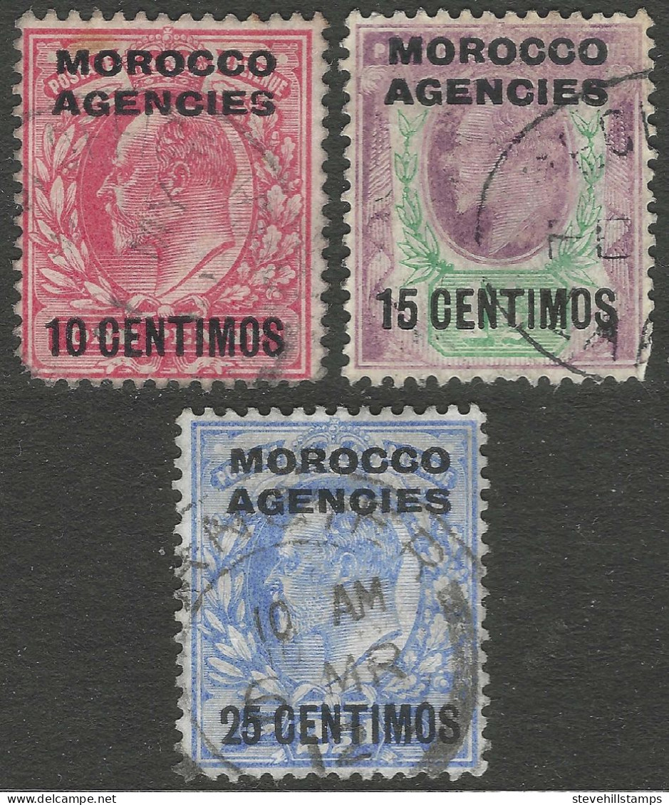 Morocco Agencies (Spanish Currency). 1907-12 KEVII, 10c, 15c, 25c Used SG 113, 114a, 116. M5078 - Morocco Agencies / Tangier (...-1958)