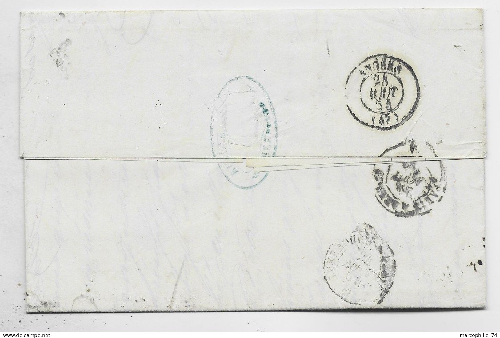 FRANCE N° 23  LOSANGE CHB AMBULANT CHERBOURG A BERNAY 23 AOUT 1864 B LETTRE COVER POUR ANGERS INDICE 14 ++++ - Railway Post