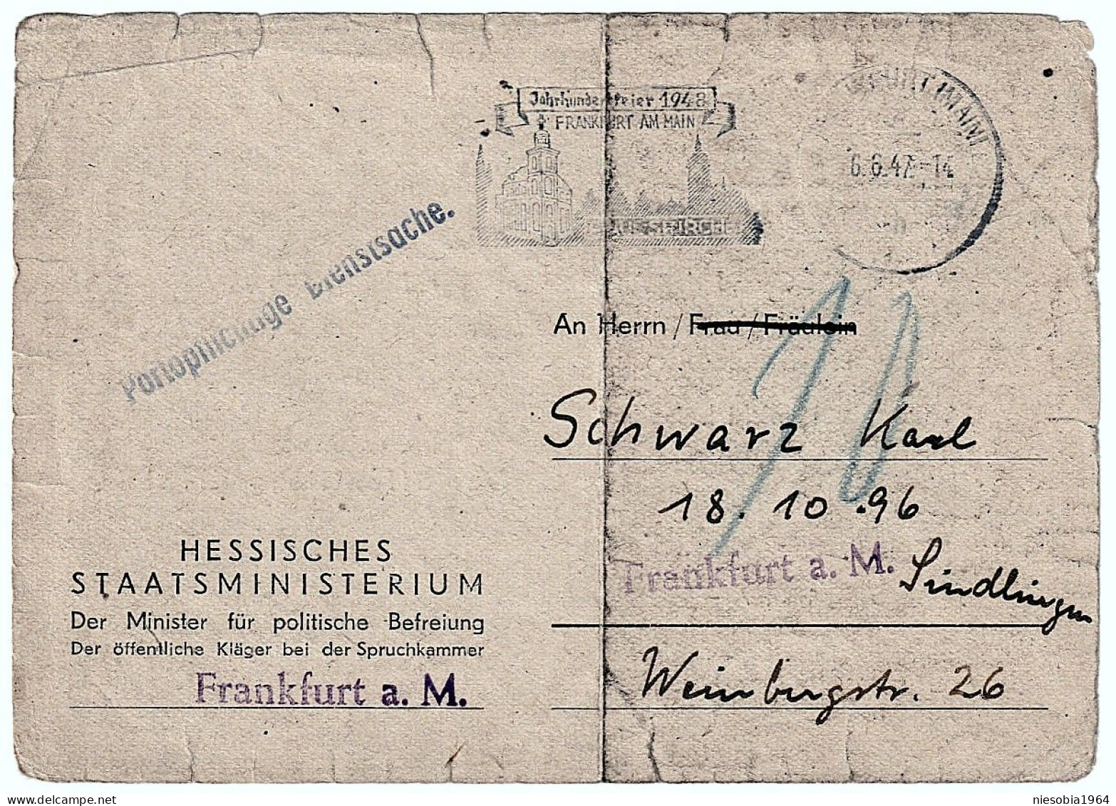 Post Document Releasing The German Karl Schwarz From Any Responsibility For German Nazism And War Crimes. 6 VI 1947 - Cartas & Documentos