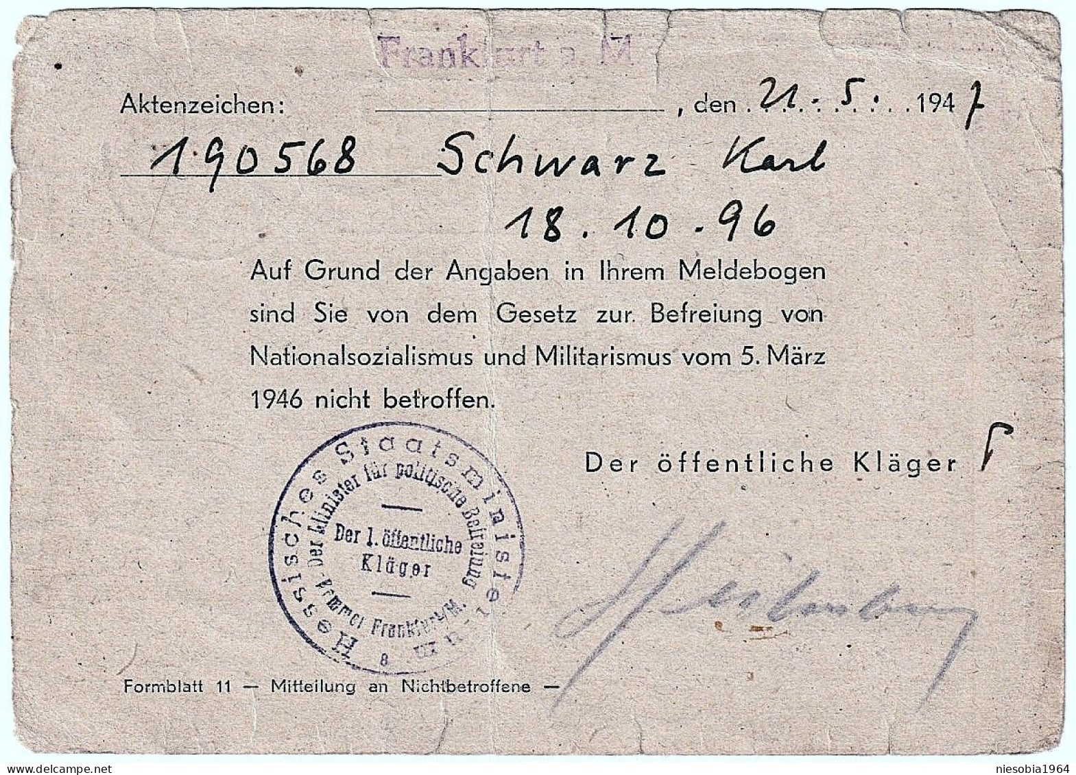 Post Document Releasing The German Karl Schwarz From Any Responsibility For German Nazism And War Crimes. 6 VI 1947 - Lettres & Documents