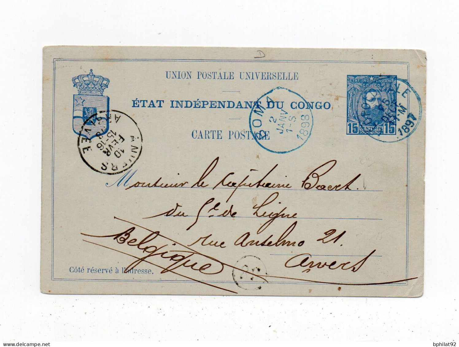 !!! CONGO BELGE, ENTIER POSTAL DE 1897 POUR ANVERS, CACHET DE BOMA - Briefe U. Dokumente