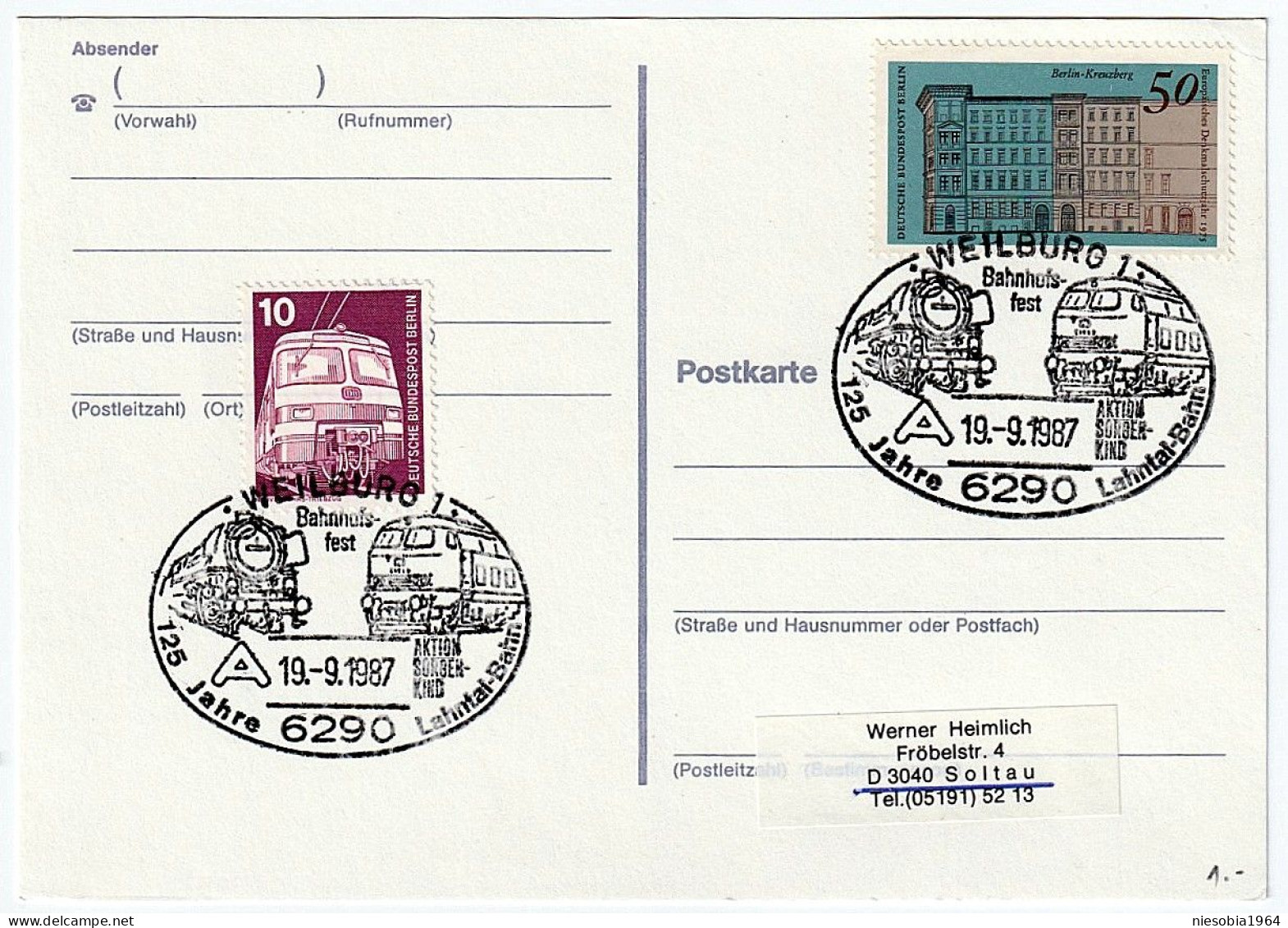 WEILBURG Bahnhofs-fest 19.09.1987 Postcard, Railway Theme, 2 X Occasional Stamps - Postkaarten - Gebruikt