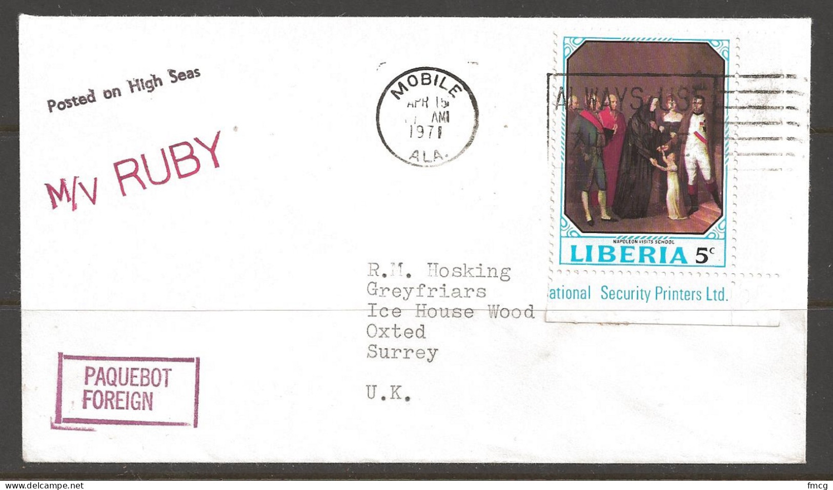 1971 Paquebot Cover Liberia Stamp Used In Mobile, Alabama (Apr 15) - Covers & Documents
