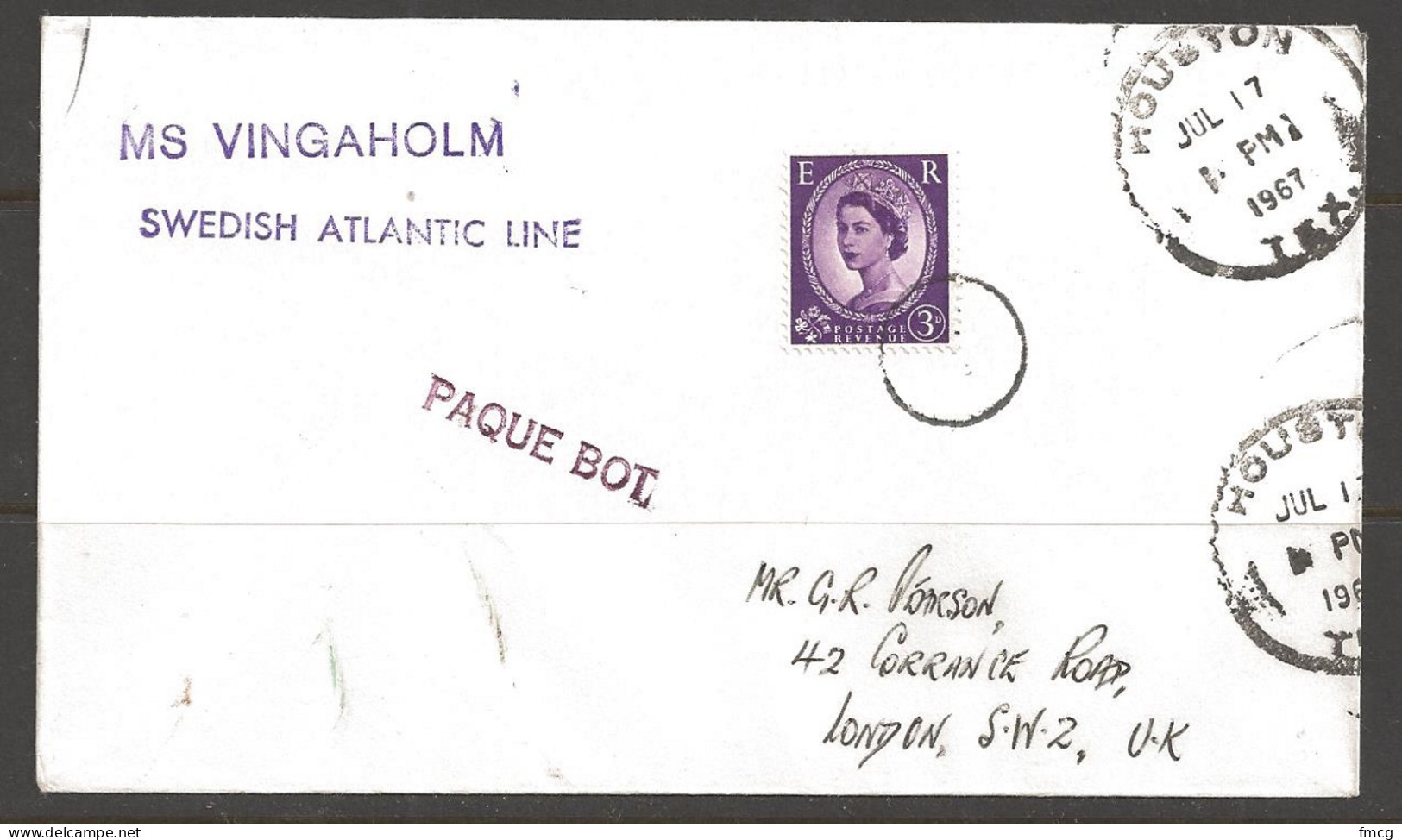 1967 Paquebot Cover, British Stamp Used In Houston, Texas - Covers & Documents