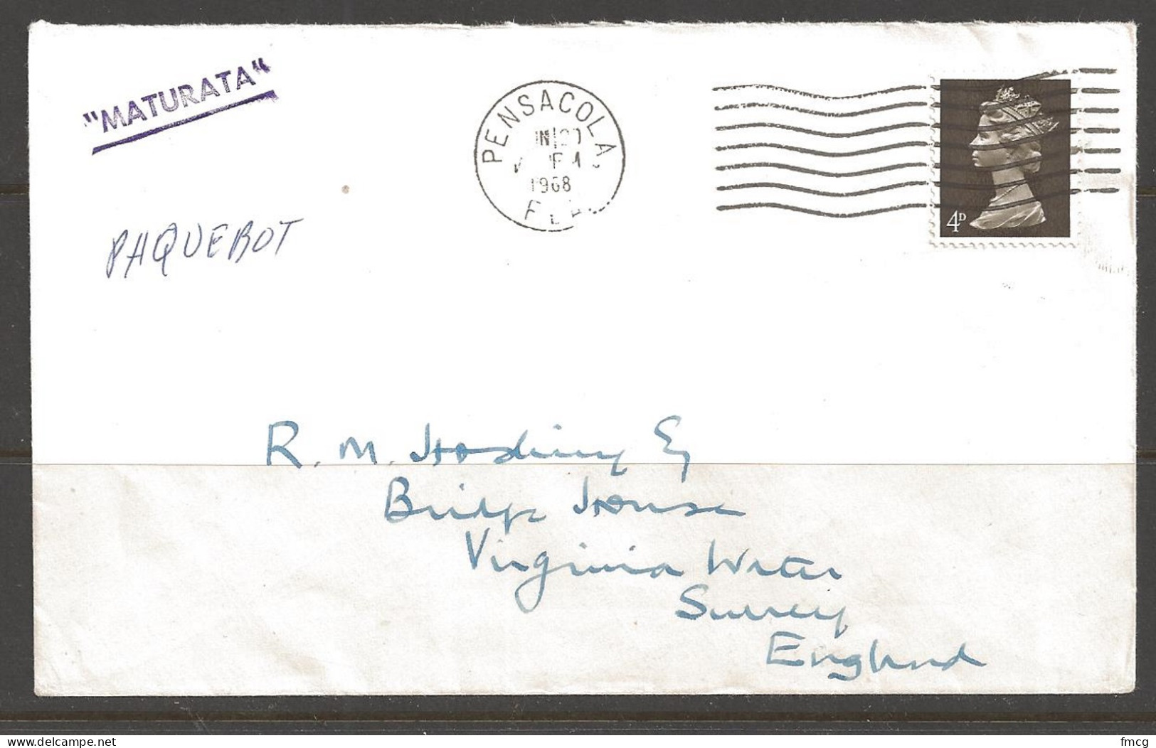1968 Paquebot Cover, British Stamp Used In Pensacola, Florida - Brieven En Documenten