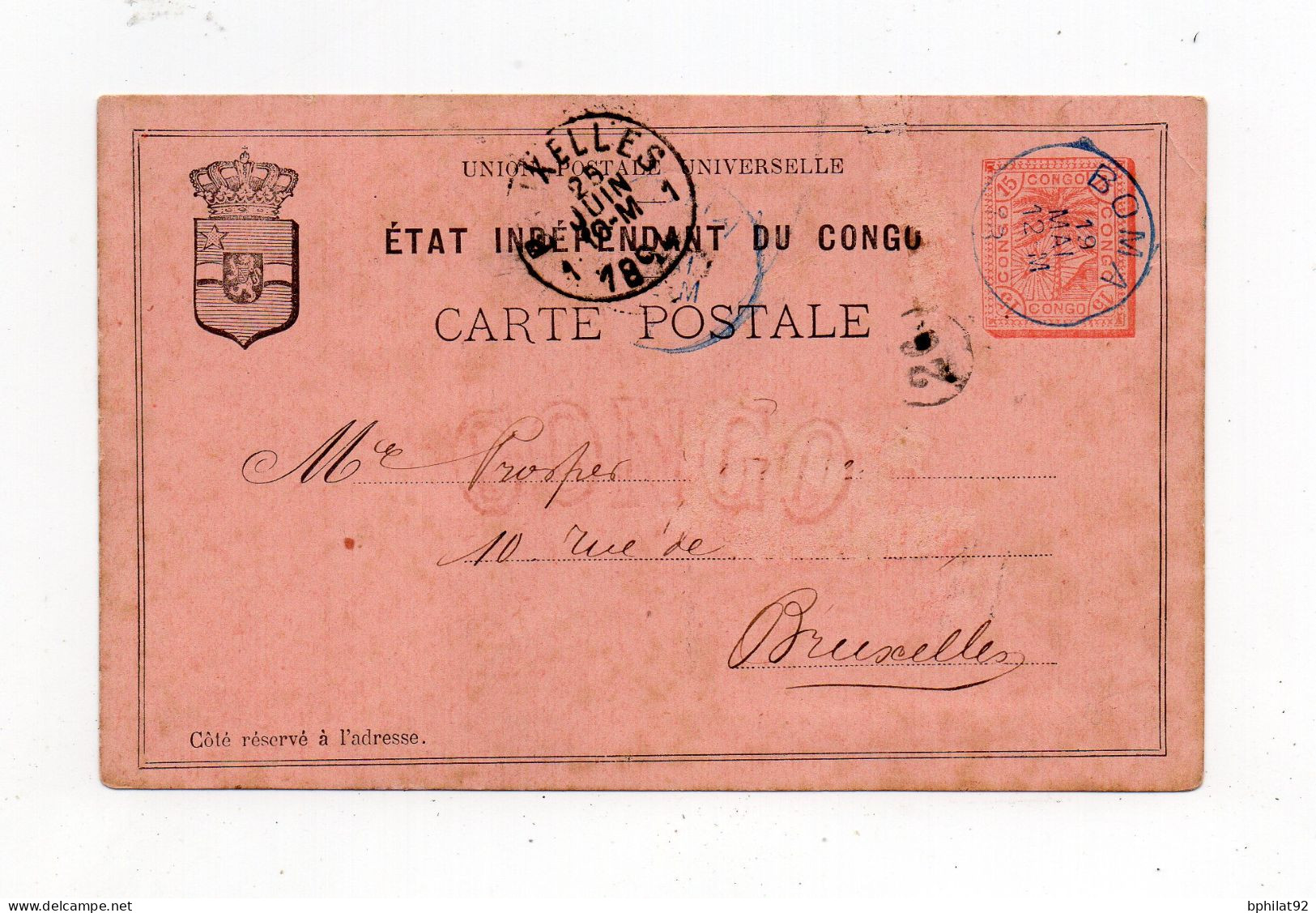 !!! CONGO BELGE, ENTIER POSTAL DE 1894 POUR BRUXELLES, CACHET DE BOMA - Brieven En Documenten