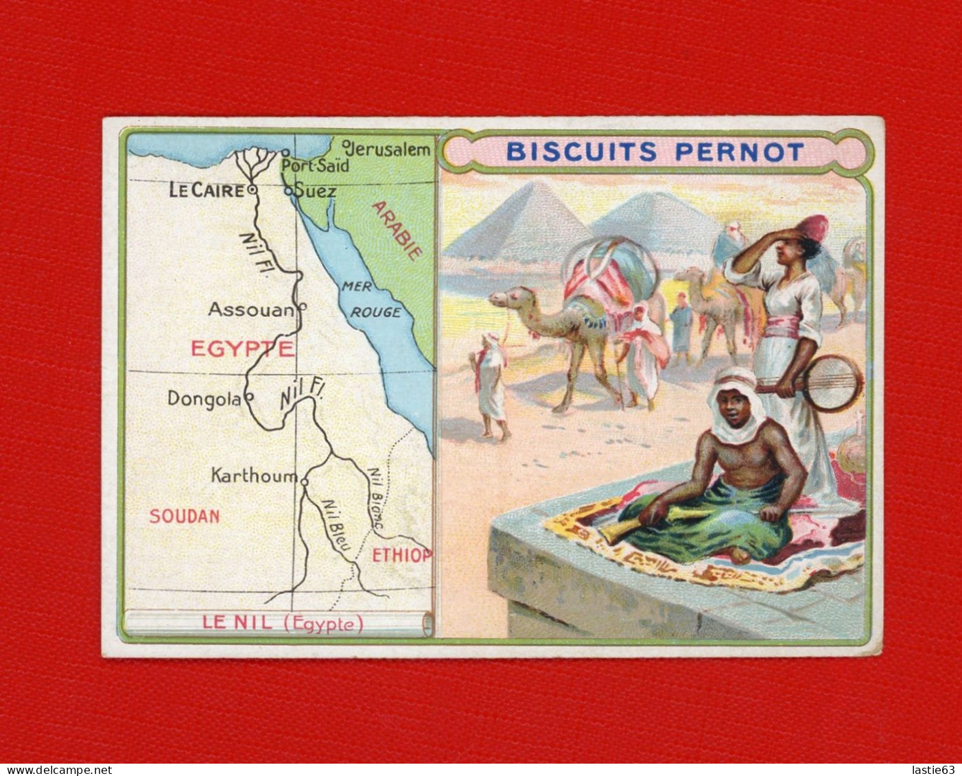 Chromo Biscuits Pernot Carte De L'Égypte Le Nil Le Caire Pyramides Caravane Mer Rouge Assouan Suez Port Saïd - Autres & Non Classés