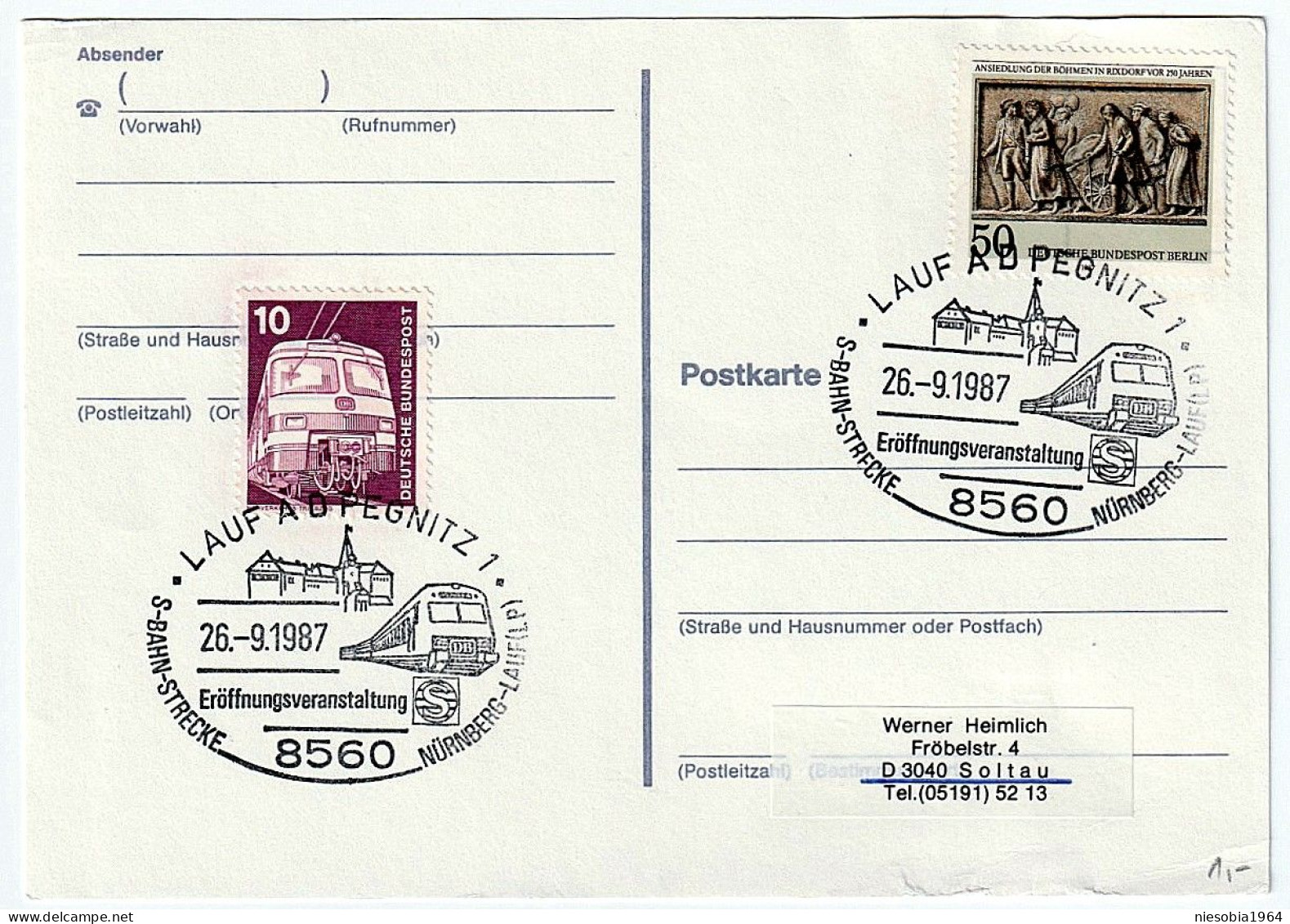 LAUF AD PEGNITZ S-Bahn-Strecke - 26.09.1987 Postcard, Railway Theme, 2 X Occasional Stamps. - Cartes Postales - Oblitérées