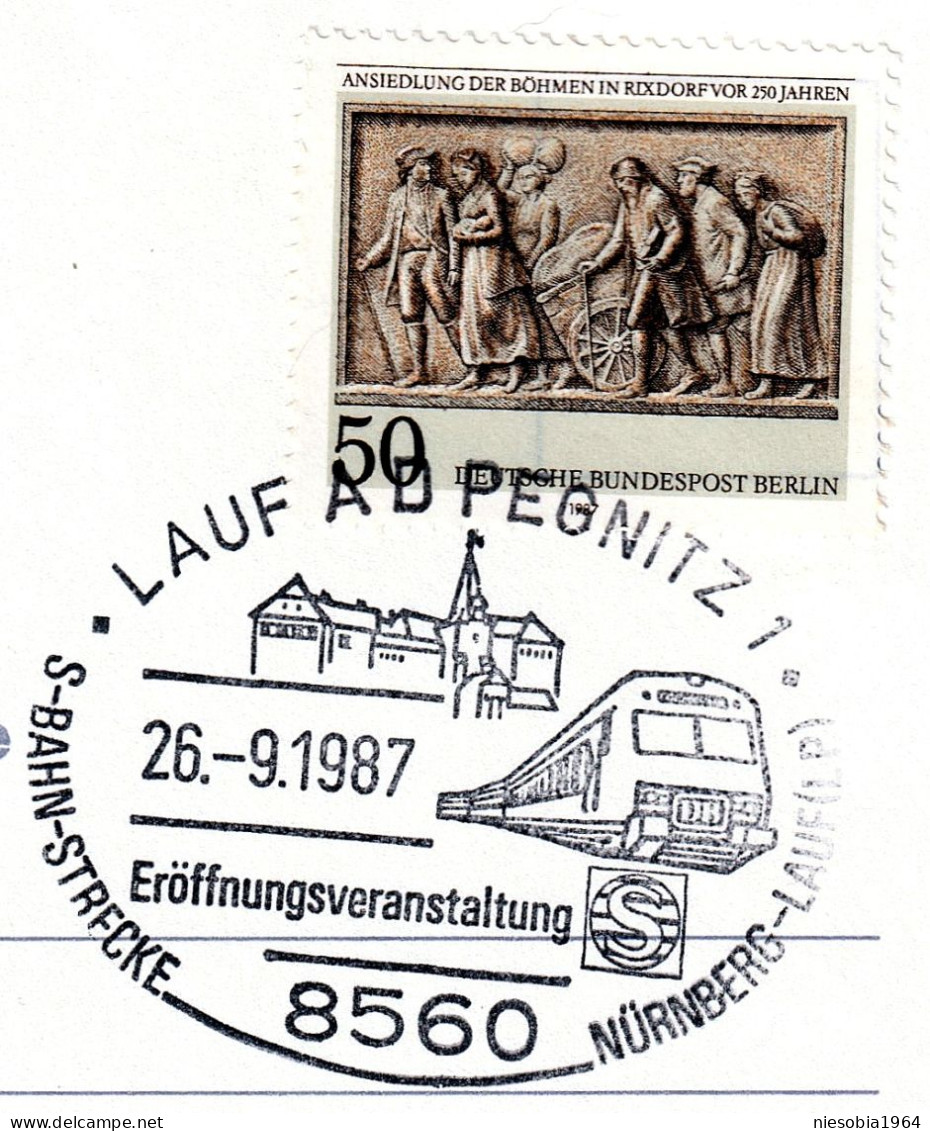 LAUF AD PEGNITZ S-Bahn-Strecke - 26.09.1987 Postcard, Railway Theme, 2 X Occasional Stamps. - Cartes Postales - Oblitérées