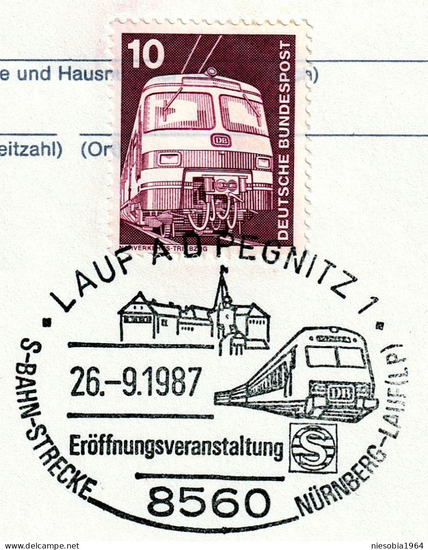 LAUF AD PEGNITZ S-Bahn-Strecke - 26.09.1987 Postcard, Railway Theme, 2 X Occasional Stamps. - Postales - Usados