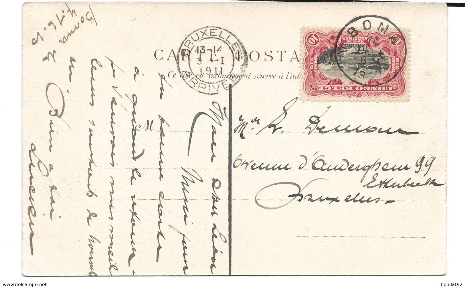 !!! CONGO, CPA DE 1910, DÉPART DE BOMA ARRIVÉE BRUXELLES 1911  (BELGIQUE) - Briefe U. Dokumente
