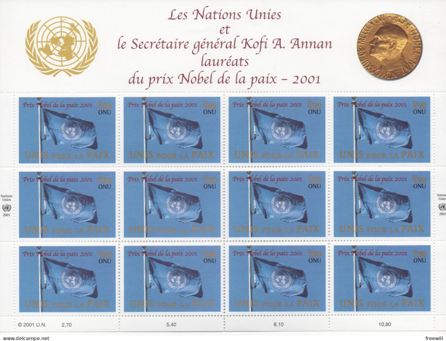 Nations Unies United Nations  ONU Prix Nobel 2001 - Blocs-feuillets