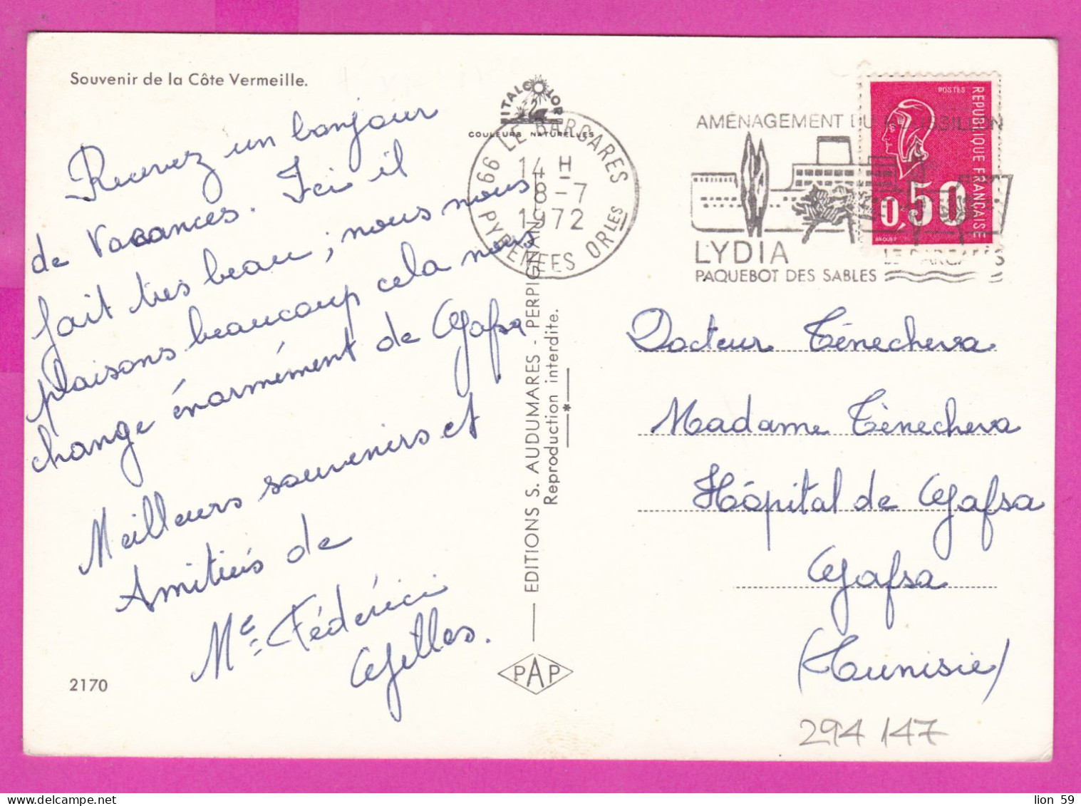 294147 / France - La Côte Vermeille PC 1972 USED - 0.50 Fr. Marianne De Béquet Flamme "Amenagement Du Roussillon , Lydia - 1971-1976 Marianne De Béquet