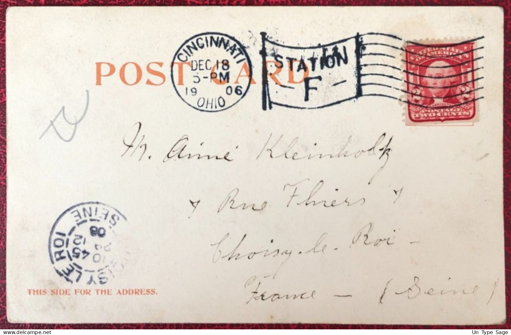 Etats-Unis, Divers Sur CPA, Cachet Cincinnati, Ohio 1906 / STATION F Pour La France - (C1401) - Poststempel