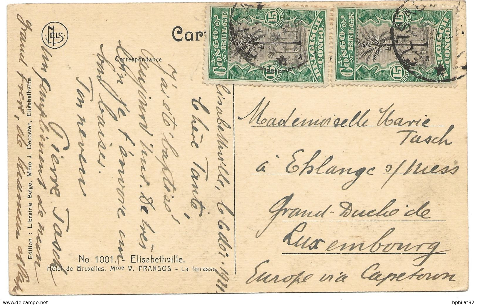 !!! CONGO, CPA DE 1911, AU DÉPART D'ELISABETHVILLE POUR LUXEMBOURG VIA CAPETOWN - Lettres & Documents