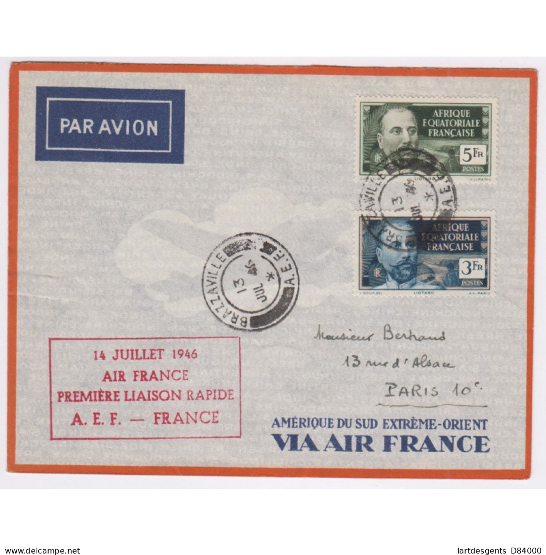 Rare LETTRE CACHET 1ère LIAISON AERIENNE RAPIDE  AEF - FRANCE 14/07/46  -  L'artdesgents.fr - Covers & Documents