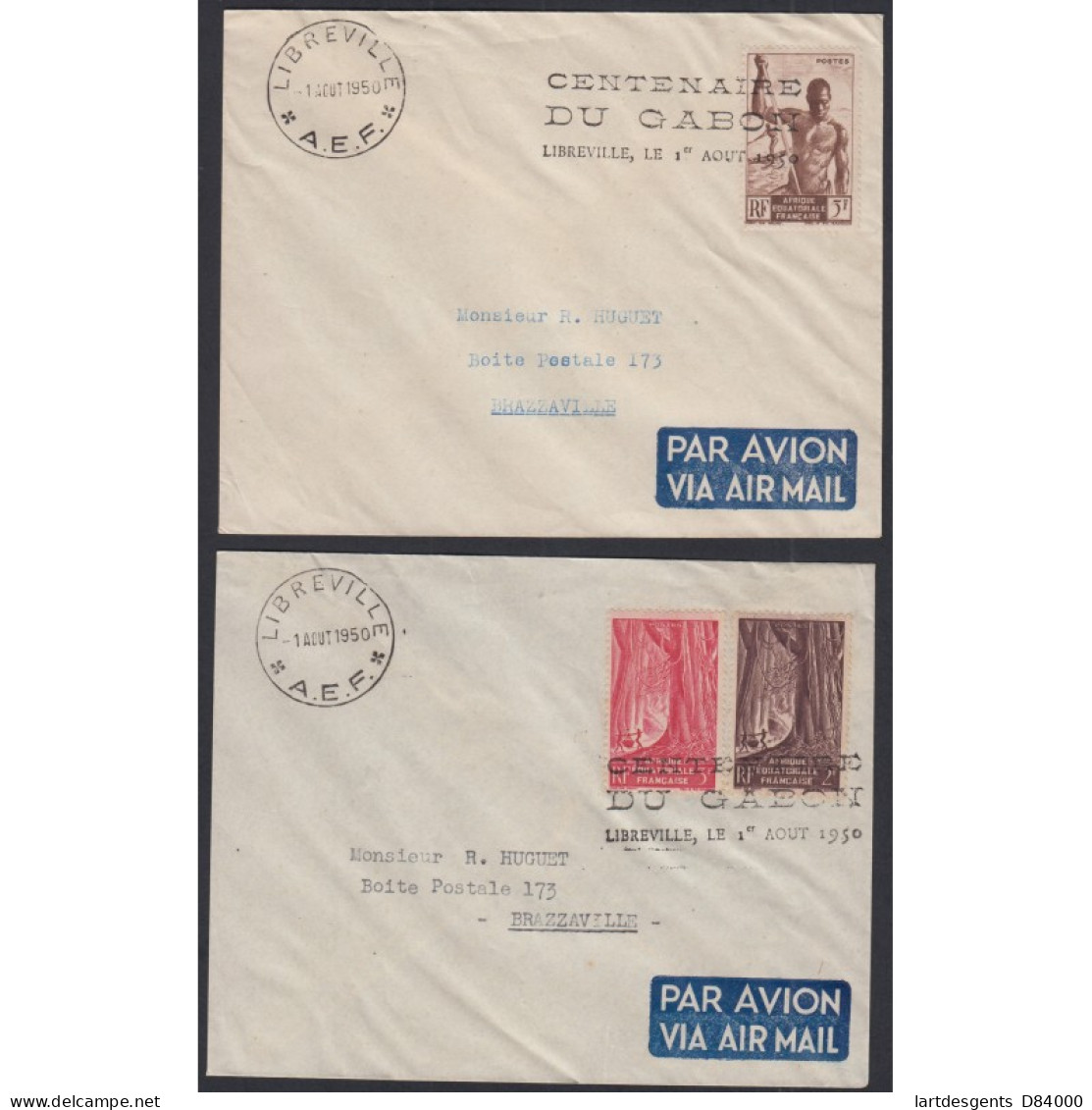 Colonies -lot 2 Lettres Cachet Centenaire Du Gabon Libreville 1950 AEF, Lartdesgents - Lettres & Documents