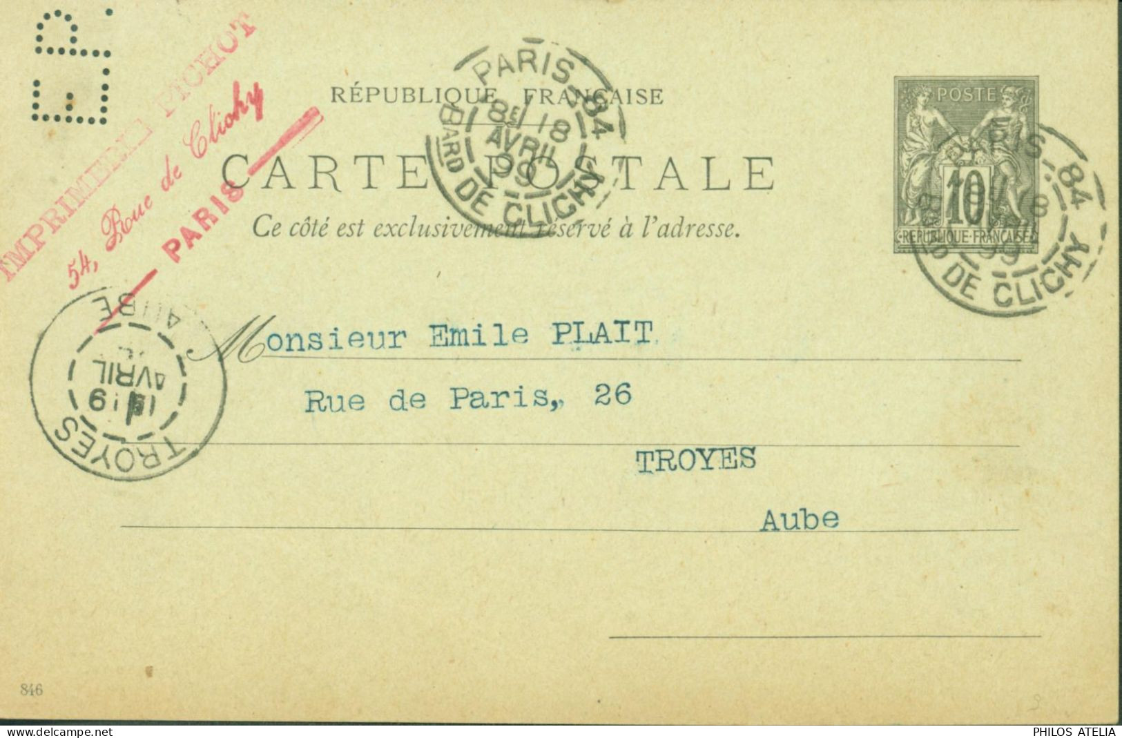 Entier 10ct Noir Sur CP Verte Perforé Perforation E.P. Imprimerie Pichot Paris CAD Paris 1899 - Storia Postale