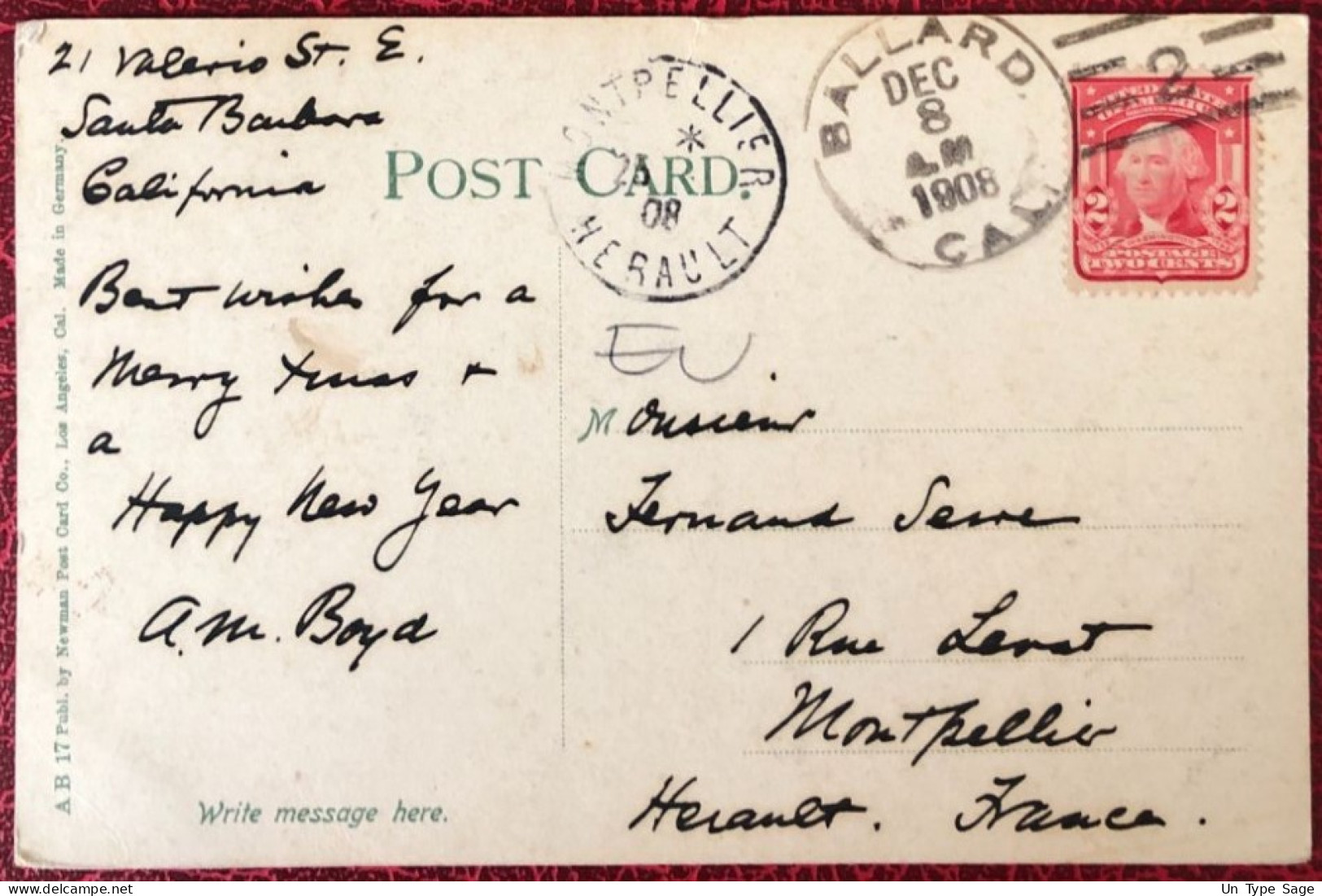 Etats-Unis, Divers Sur CPA, Cachet Ballard, CAL. 8.12.1908 Pour La France - (C1407) - Postal History