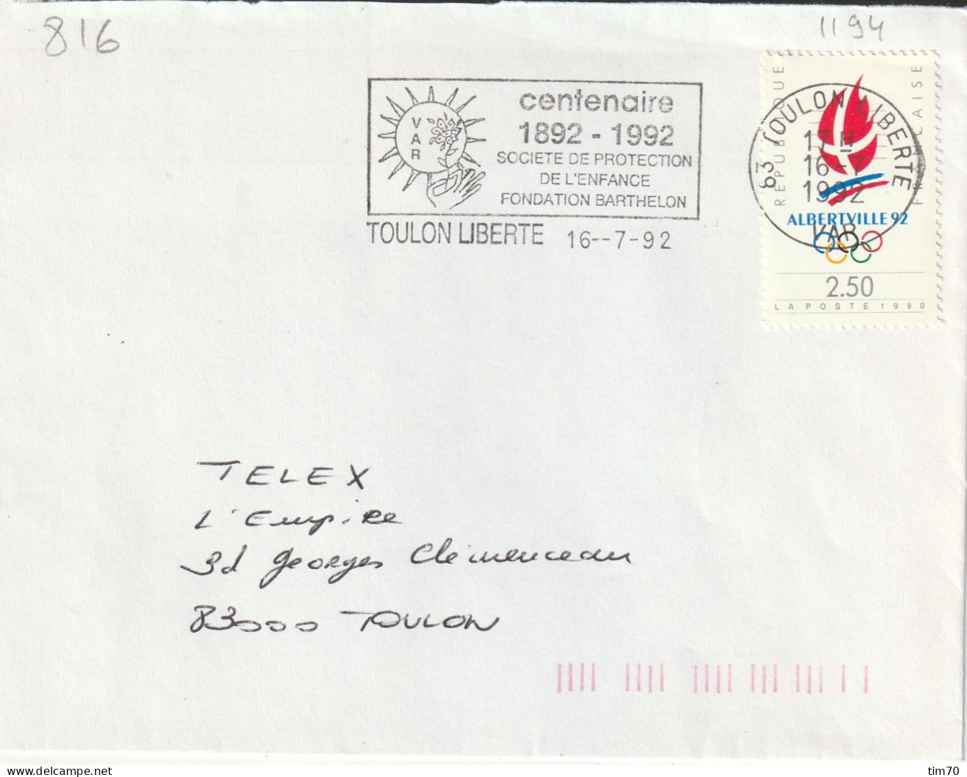 FLAMME TEMPORAIRE  83  TOULON  LIBERTE  CENTENAIRE  FONDATION  BARTHELON - Mechanical Postmarks (Other)