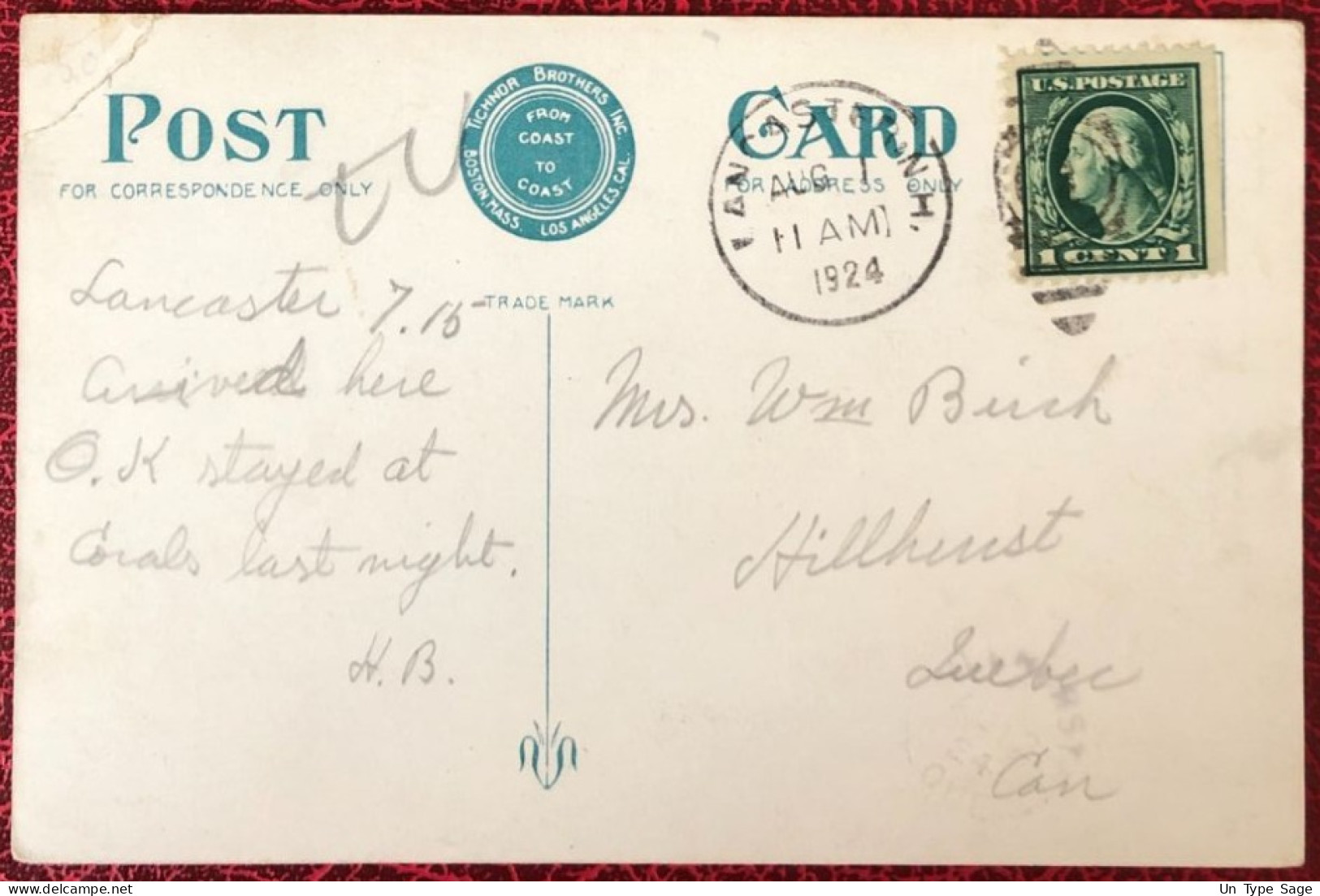 Etats-Unis, Divers Sur CPA, Cachet Lancaster 1.8.1924 Pour Quebec, Canada - (C1408) - Postal History