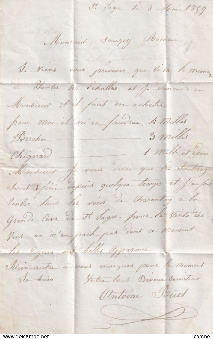 LETTRE. 3  MAI 59. BELLEVILLE S SAONE. RHONE . BOITE RURALE A = St  LAGER. TAXE 300 - 1849-1876: Période Classique