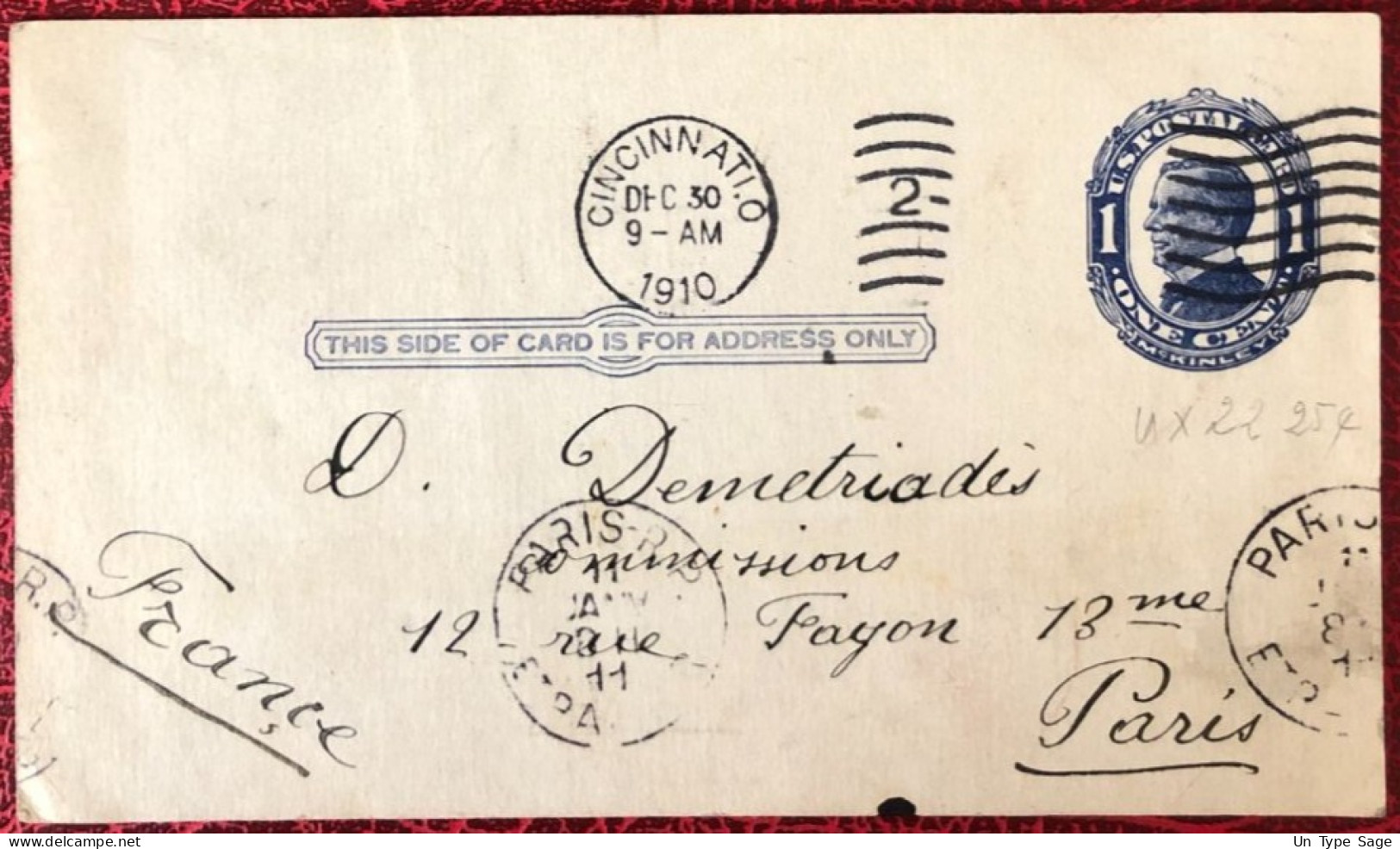 Etats-Unis, Divers Sur Entier-carte, Cachet Cincinnati, O. 30.12.1910 Pour La France - (C1413) - Postal History