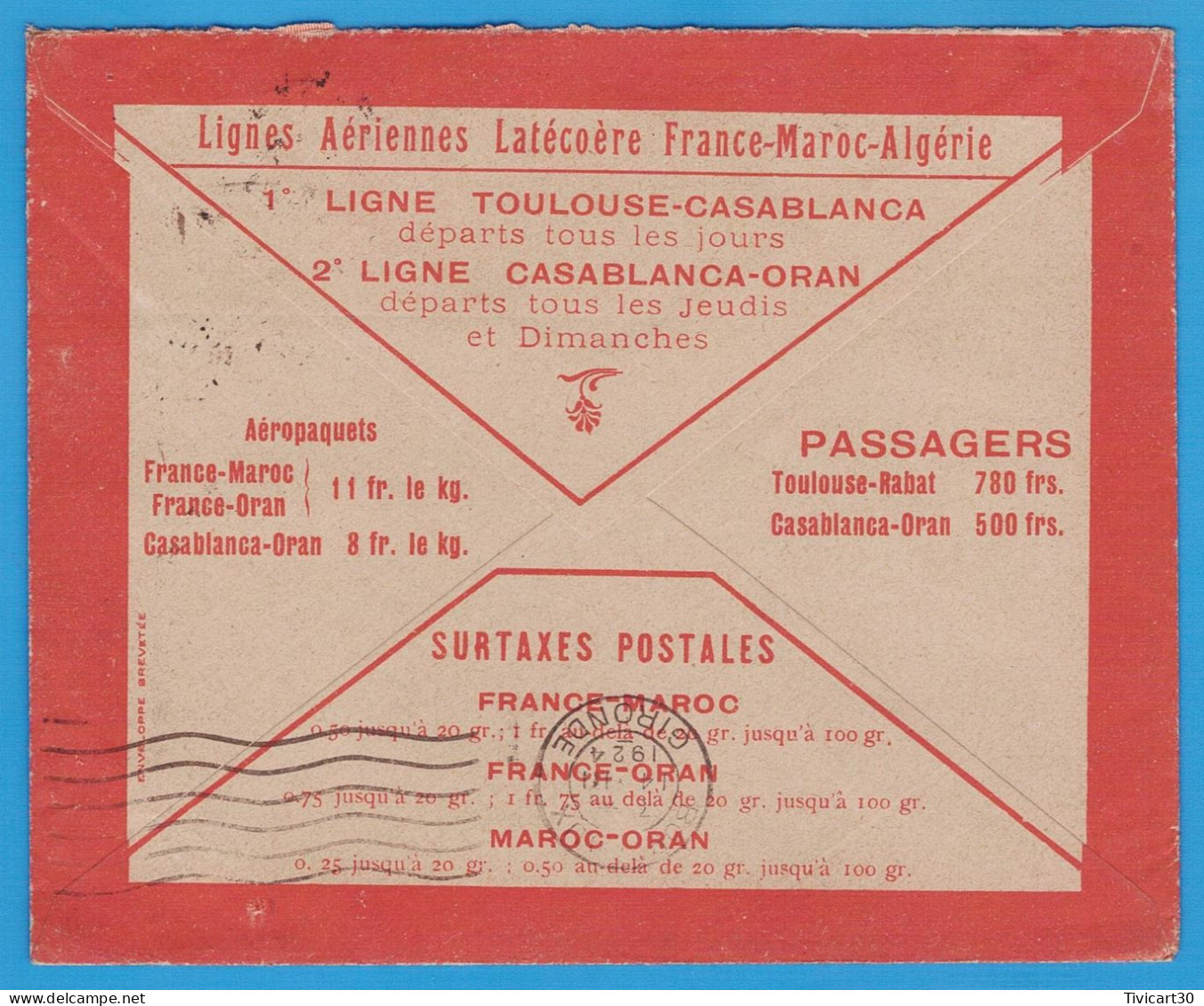 LETTRE PAR AVION DE 1924 - LIGNES AERIENNES LATECOERE FRANCE-MAROC-ALGERIE - CASABLANCA (MAROC) POUR BORDEAUX - Luftpost