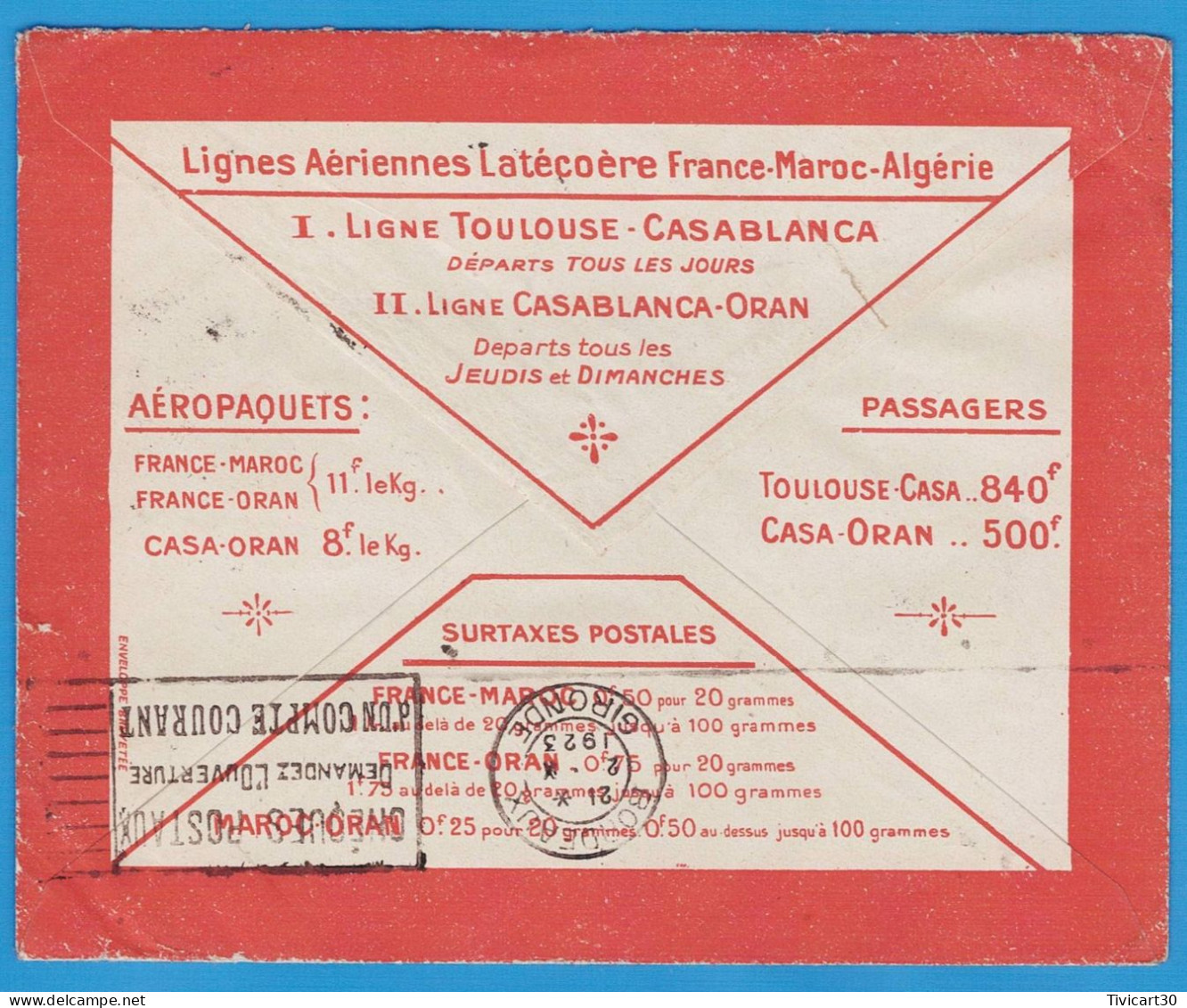 LETTRE PAR AVION DE 1923 - LIGNES AERIENNES LATECOERE FRANCE-MAROC-ALGERIE - CASABLANCA (MAROC) POUR BORDEAUX - Airmail