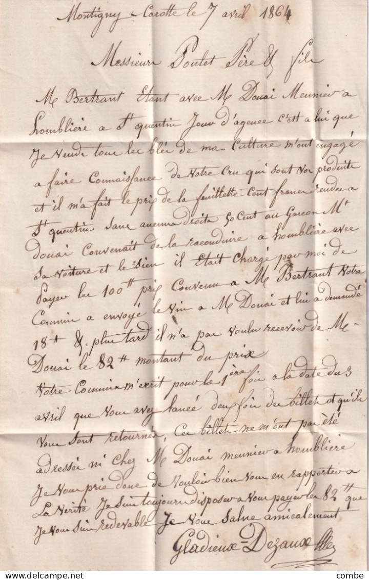 LETTRE. 7 AVR 64. N° 22. BOHAIN EN VERMANDOIS. AISNE. GC 510 . ORIGINE RURALE OR = MONTIGNY - 1849-1876: Klassik