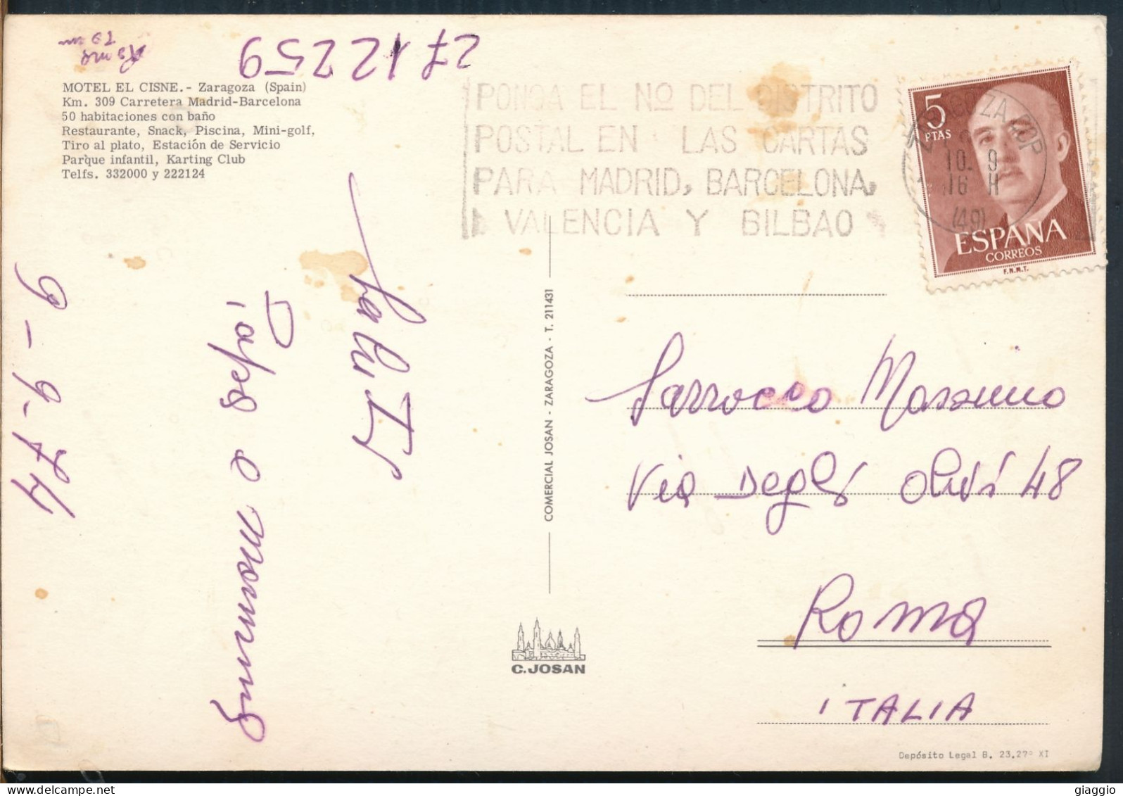 °°° 31035 - SPAIN - ZARAGOZA - MOTEL EL CISNE - 1974 With Stamps °°° - Zaragoza