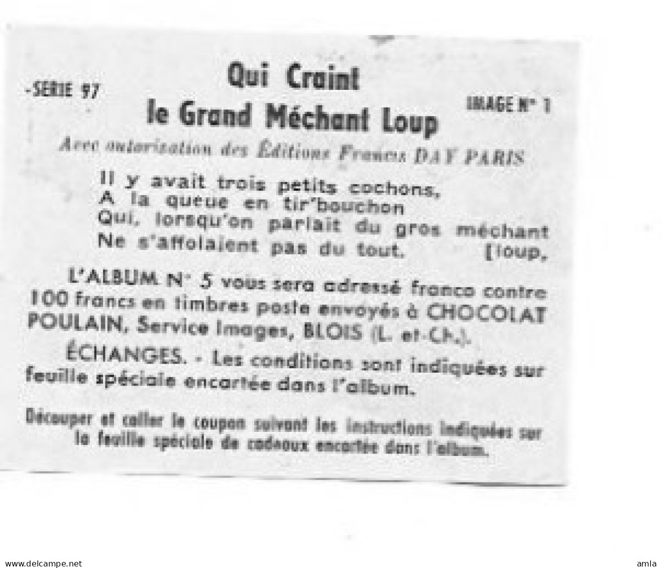 IMAGE POULAIN  Serie 97  N°1 QUI CRAINT LE GRAND MECHANT LOUP - Poulain