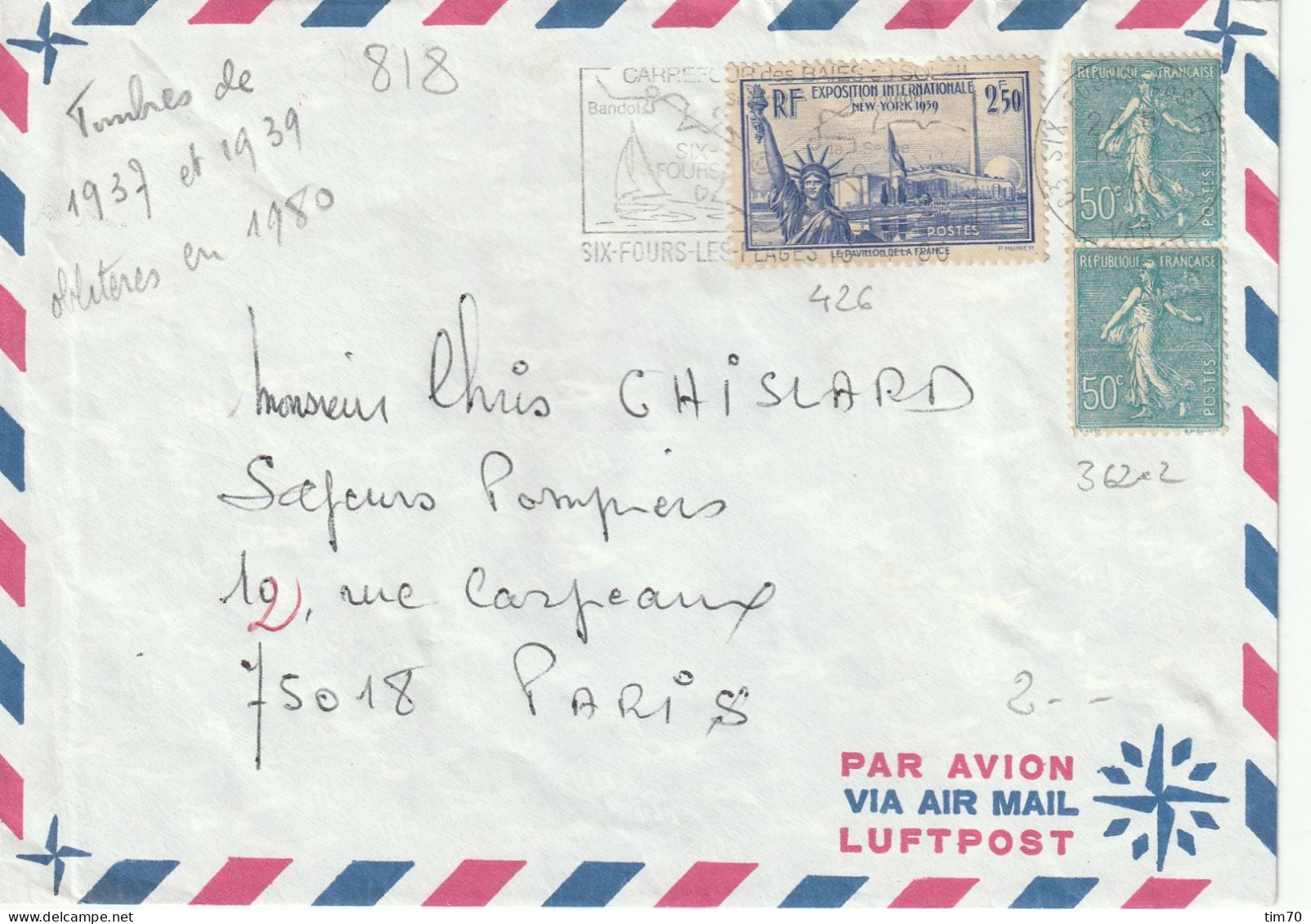 CAD 83  SIX FOURS LES PLAGES   / N°  426 + N°  362 X 2  POUR  PARIS - Manual Postmarks